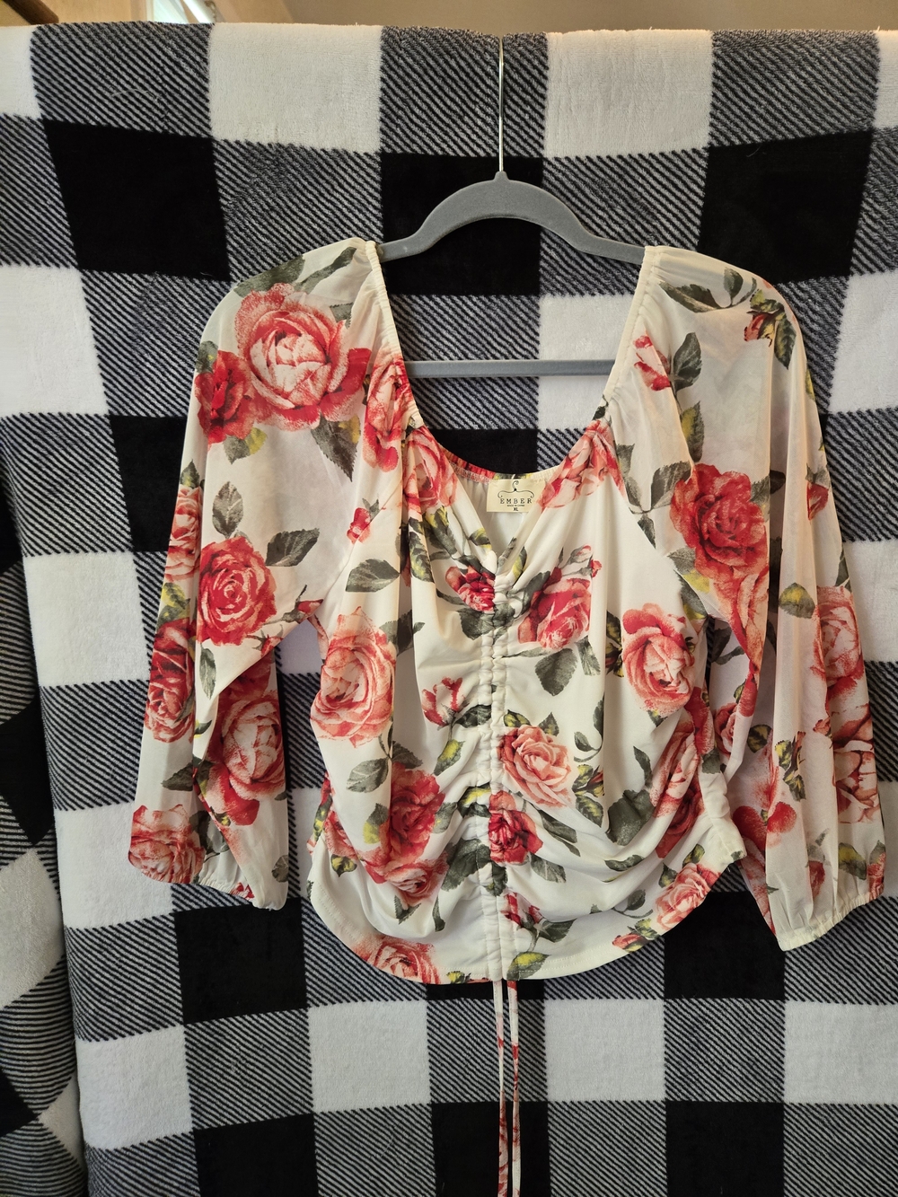 Ruched Front Floral Blouse in Cream and Red Roses